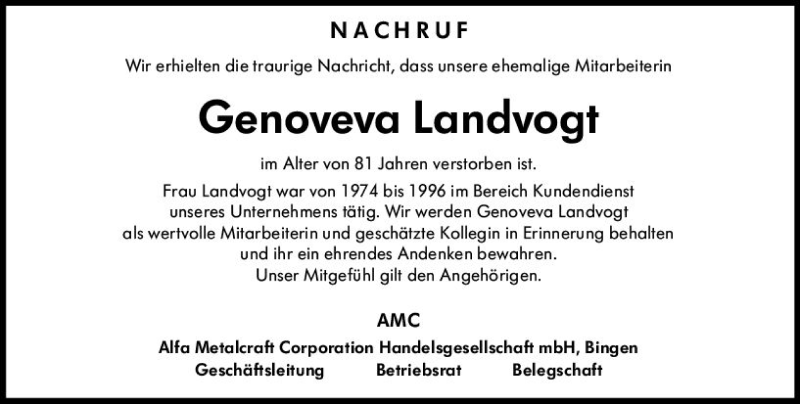  Traueranzeige für Genoveva Landvogt vom 22.01.2021 aus vrm-trauer
