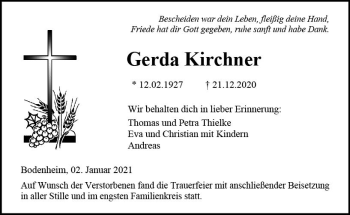 Traueranzeige von Gerda Kirchner von vrm-trauer