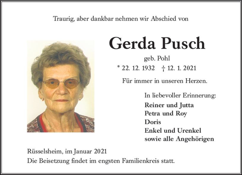  Traueranzeige für Gerda Pusch vom 16.01.2021 aus vrm-trauer