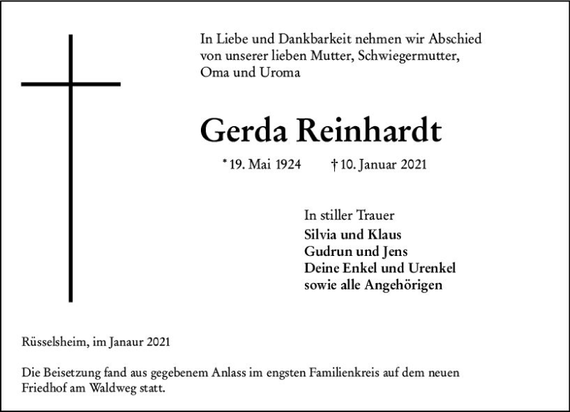  Traueranzeige für Gerda Reinhardt vom 23.01.2021 aus vrm-trauer