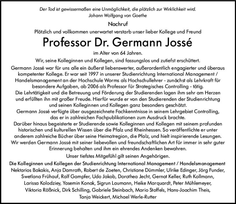  Traueranzeige für Germann Jossé vom 11.01.2021 aus vrm-trauer