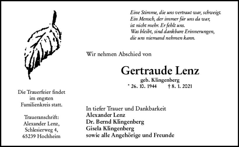  Traueranzeige für Gertraude Lenz vom 15.01.2021 aus vrm-trauer