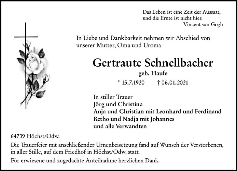  Traueranzeige für Gertraute Schnellbacher vom 16.01.2021 aus vrm-trauer