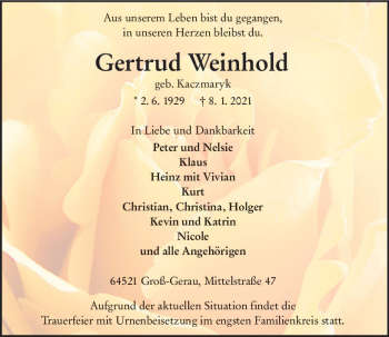 Traueranzeige von Gertrud Weinhold von vrm-trauer