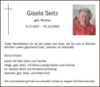 Traueranzeige von Gisela Seitz von vrm-trauer