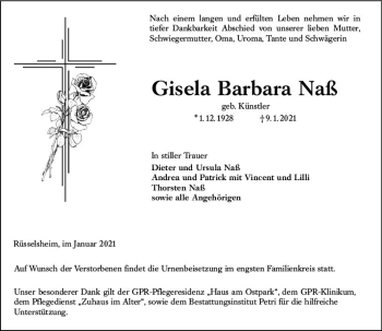 Traueranzeige von Gisela Barbara Naß von vrm-trauer