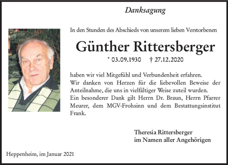  Traueranzeige für Günther Rittersberger vom 16.01.2021 aus vrm-trauer
