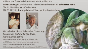 Traueranzeige von Hana Kottek von vrm-trauer