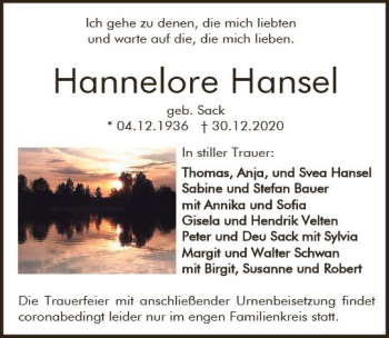 Traueranzeige von Hannelore Hansel von vrm-trauer