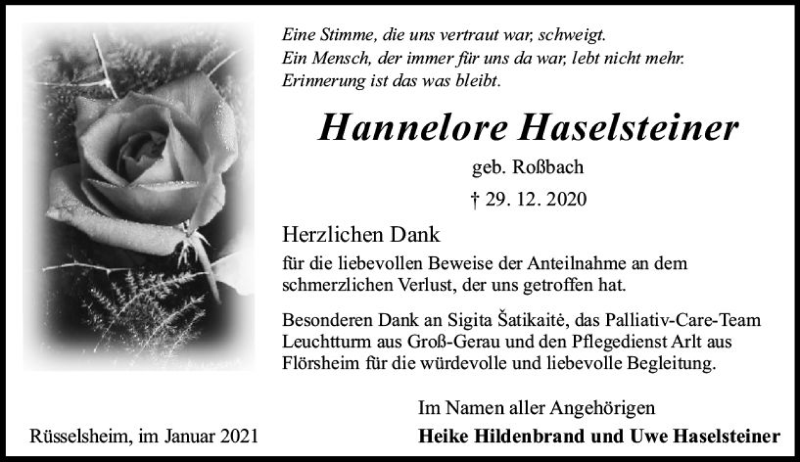  Traueranzeige für Hannelore Haselsteine vom 30.01.2021 aus vrm-trauer
