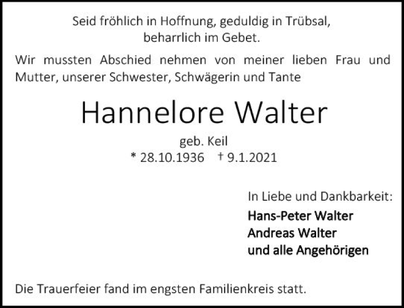  Traueranzeige für Hannelore Walter vom 23.01.2021 aus vrm-trauer