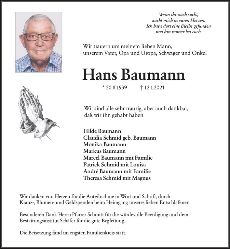  Traueranzeige für Hans Baumann vom 30.01.2021 aus vrm-trauer