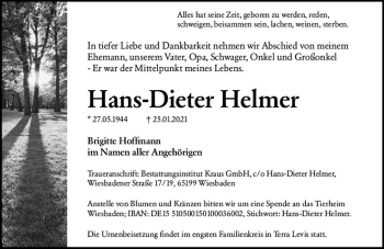Traueranzeige von Hans-Dieter Helmer von vrm-trauer