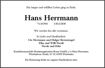 Traueranzeige von Hans Herrmann von vrm-trauer
