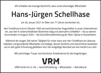Traueranzeige von Hans-Jürgen Schellhase von vrm-trauer