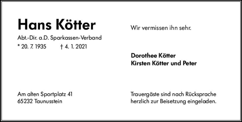  Traueranzeige für Hans Kötter vom 09.01.2021 aus vrm-trauer