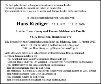 Traueranzeige von Hans Riediger von vrm-trauer