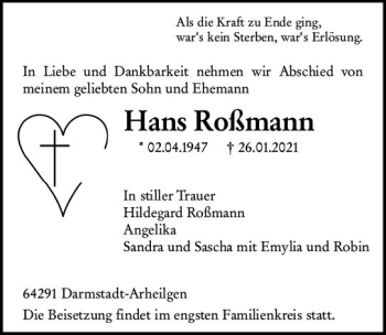 Traueranzeige von Hans Roßmann von vrm-trauer