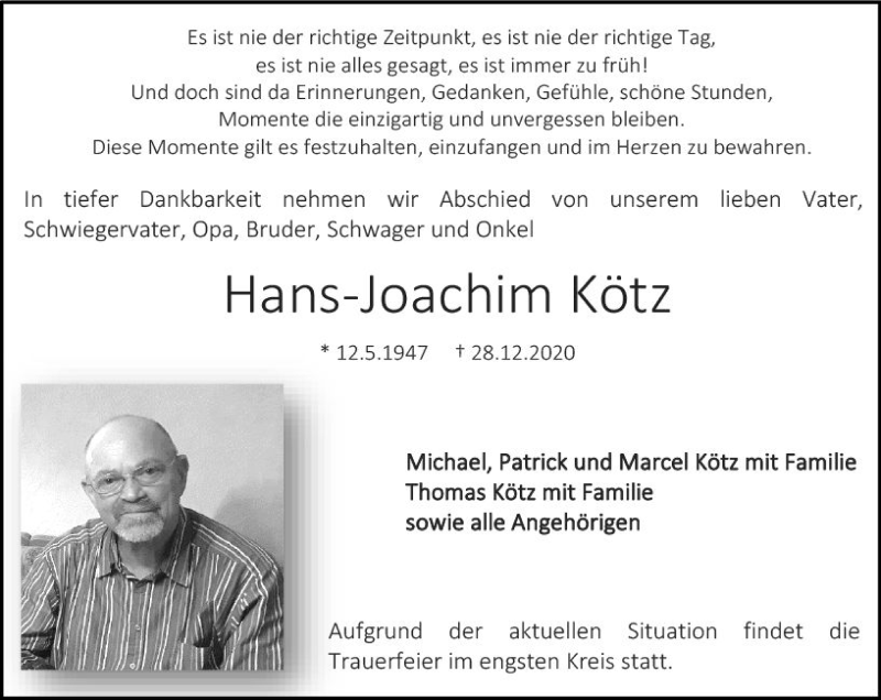  Traueranzeige für Hans Joachim Kötz vom 09.01.2021 aus vrm-trauer