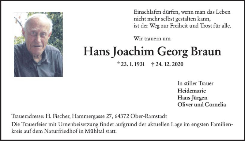 Traueranzeige für Hans Joachim Georg Braun vom 02.01.2021 aus vrm-trauer