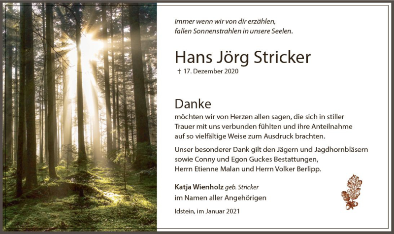  Traueranzeige für Hans Jörg Stricker vom 23.01.2021 aus vrm-trauer