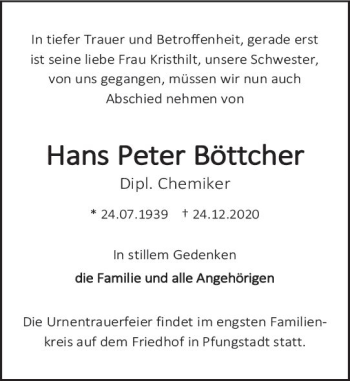 Traueranzeige von Hans Peter Böttcher von vrm-trauer