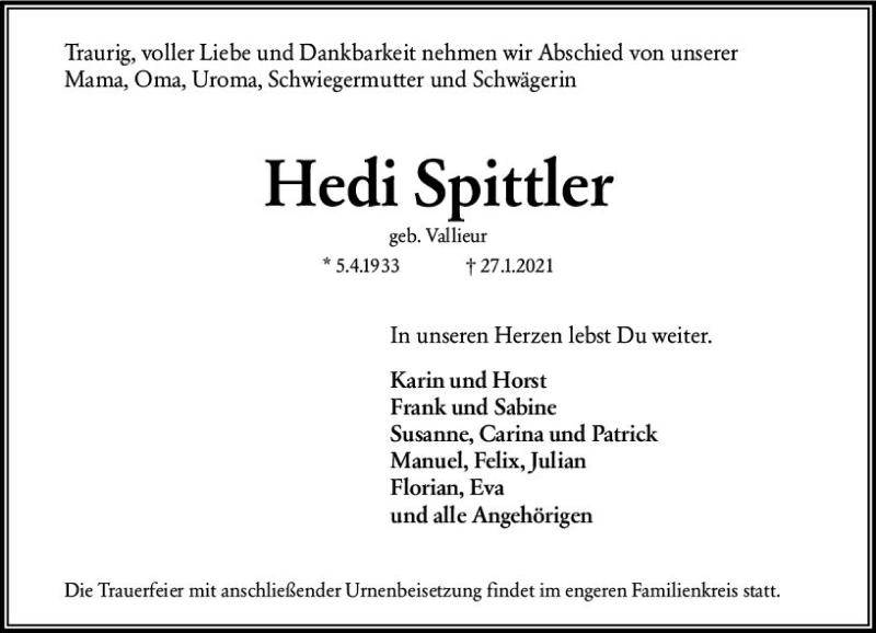  Traueranzeige für Hedi Spittler vom 30.01.2021 aus vrm-trauer