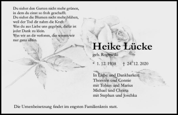 Traueranzeige von Heike Lücke von vrm-trauer