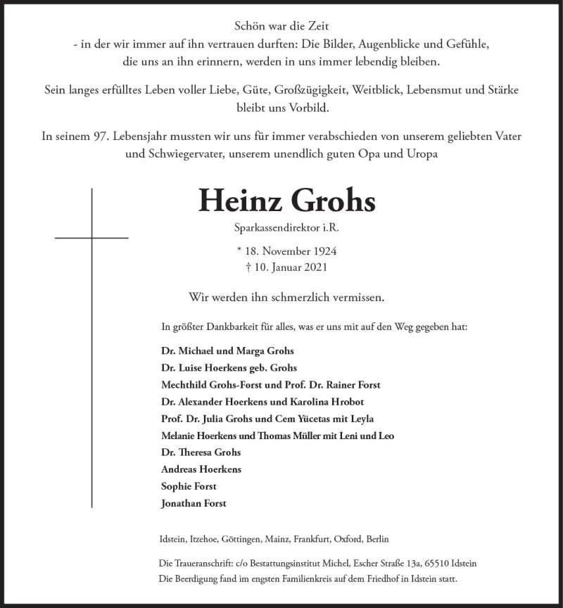  Traueranzeige für Heinz Grohs vom 16.01.2021 aus vrm-trauer