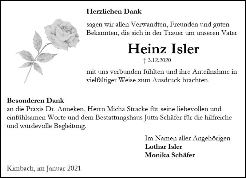  Traueranzeige für Heinz Isler vom 09.01.2021 aus vrm-trauer