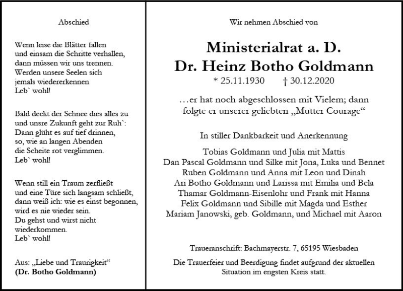  Traueranzeige für Heinz Botho Goldmann vom 06.01.2021 aus vrm-trauer