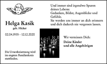Traueranzeige von Helga Kasik von vrm-trauer
