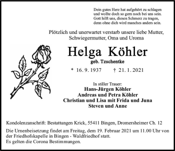 Traueranzeige von Helga Köhler von vrm-trauer
