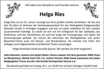 Traueranzeige von Helga Ries von vrm-trauer
