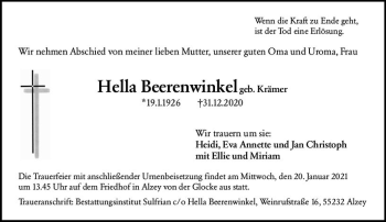 Traueranzeige von Hella Beerenwinkel von vrm-trauer