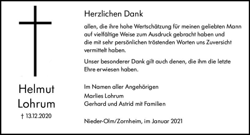  Traueranzeige für Helmut Lohrum vom 09.01.2021 aus vrm-trauer