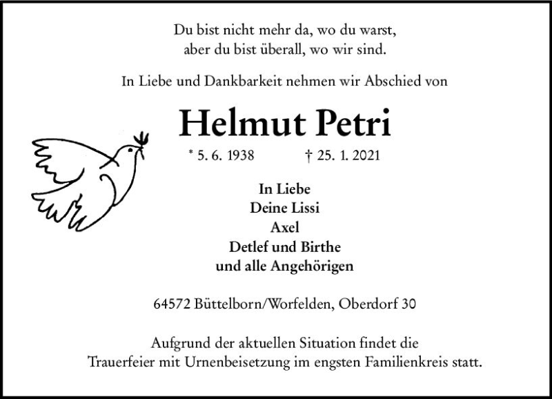  Traueranzeige für Helmut Petri vom 30.01.2021 aus vrm-trauer