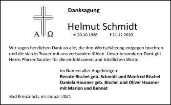 Traueranzeige von Helmut Schmidt von vrm-trauer