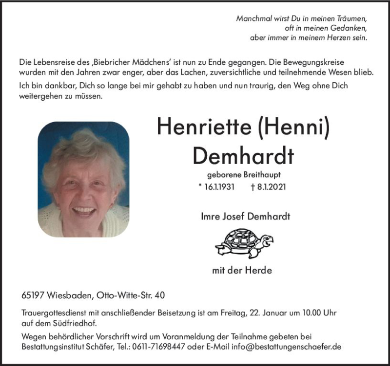  Traueranzeige für Henriette Penni vom 16.01.2021 aus vrm-trauer