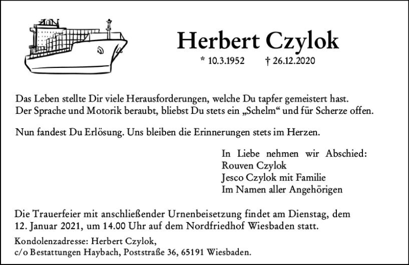  Traueranzeige für Herbert Czylok vom 02.01.2021 aus vrm-trauer