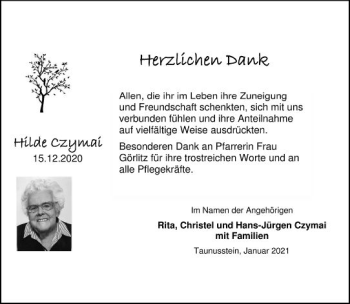 Traueranzeige von Hilde Czymai von vrm-trauer