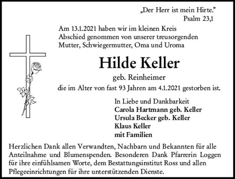  Traueranzeige für Hilde Keller vom 23.01.2021 aus vrm-trauer