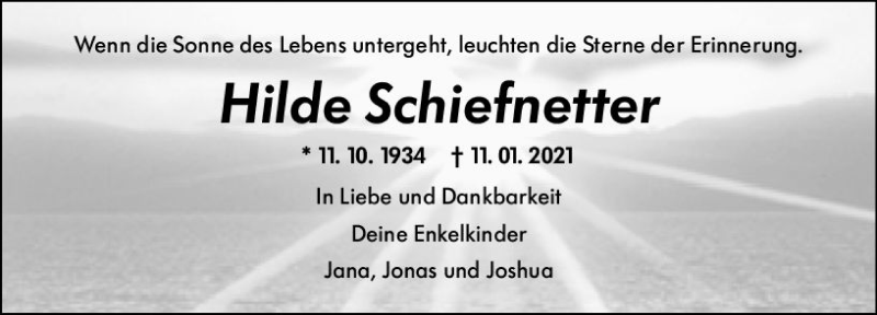  Traueranzeige für Hilde Schiefnetter vom 16.01.2021 aus vrm-trauer