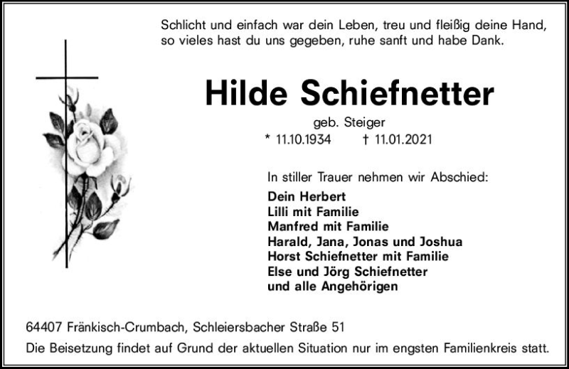  Traueranzeige für Hilde Schiefnetter vom 16.01.2021 aus vrm-trauer