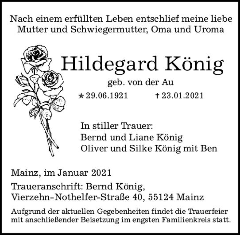  Traueranzeige für Hildegard König vom 30.01.2021 aus vrm-trauer