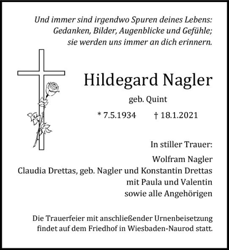  Traueranzeige für Hildegard Nagler vom 23.01.2021 aus vrm-trauer