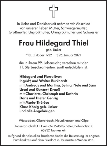 Traueranzeige von Hildegard Thiel von vrm-trauer