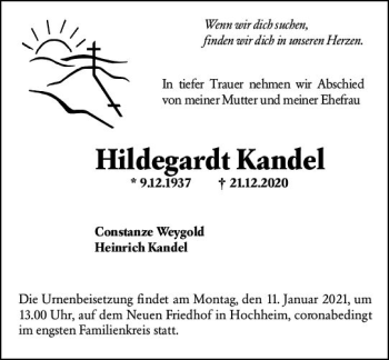 Traueranzeige von Hildegardt Kandel von vrm-trauer
