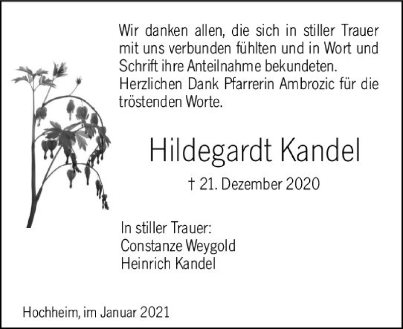  Traueranzeige für Hildegardt Kandel vom 22.01.2021 aus vrm-trauer