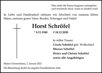 Traueranzeige von Horst Schröfel von vrm-trauer